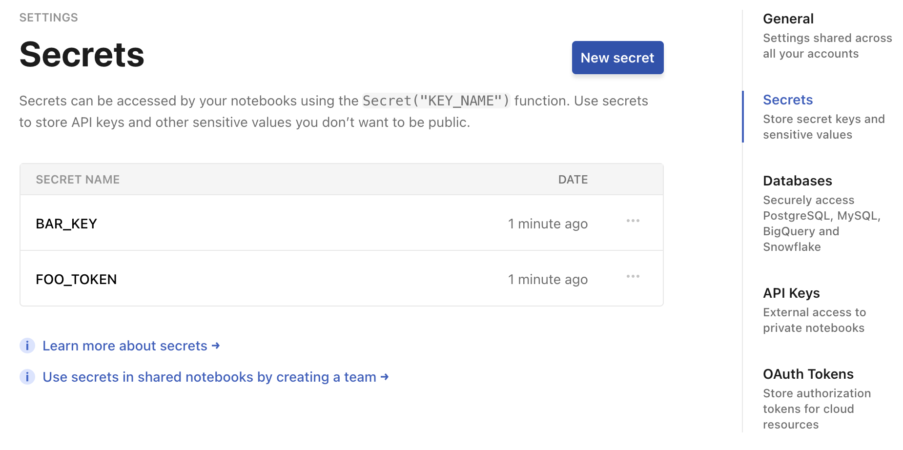 Screen shot of open secrets configuration tab in the user settings page